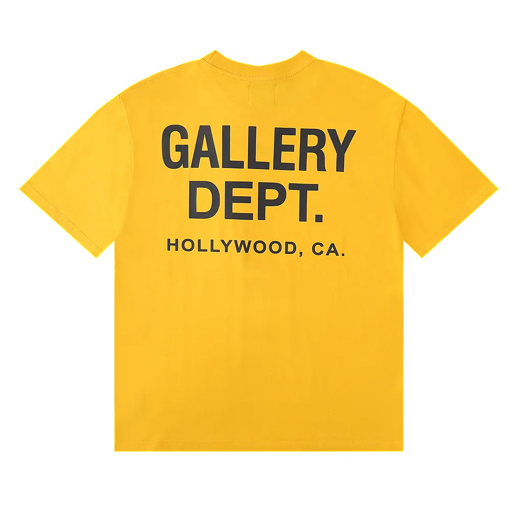 No. 6031, batch 96, American trendy brand GALLERY DEPT classic Hollywood letter print high-quality double yarn pure cotton short-sleeved T-shirt for men and women. Selected 230g 32 count smooth double yarn fabric, fine workmanship and excellent quality! The fit is loose and super comfortable to wear, and the size is 2 sizes larger than the normal domestic size.  Color: white; black, yellow, blue Size: S M L Length 78cm, bust 124cm, shoulder width 55cm, sleeve length 25cm.